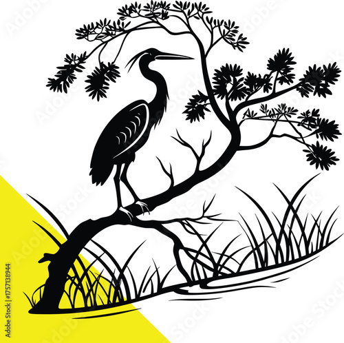 A graceful heron perched on a pine branch a striking silhouette
