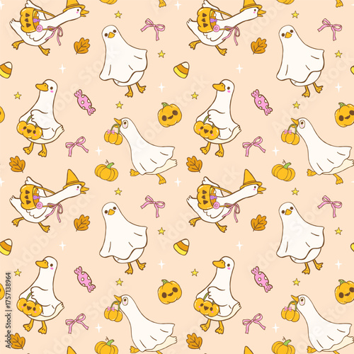 Cute Silly Goose Halloween Seamless Pattern Spooky Ghost Goose Wallpaper Hand Drawn Repeat Background