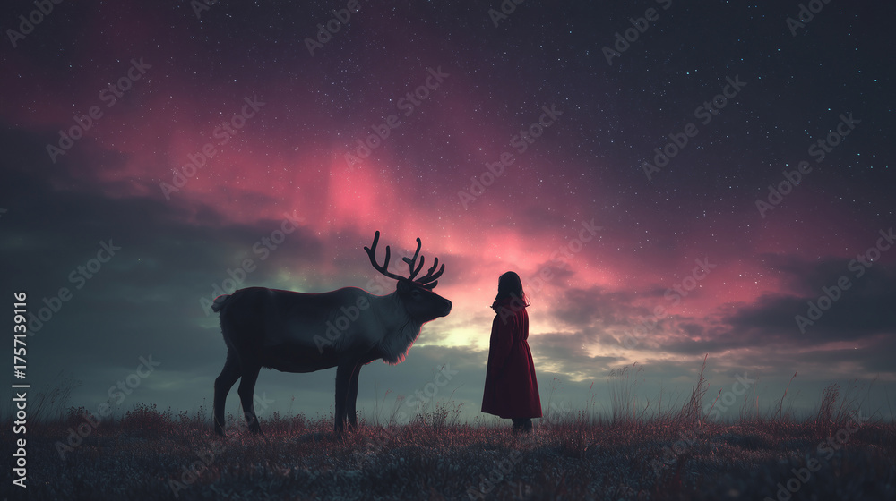 Fototapeta premium Shaman stands with reindeer below the northern lights in the Arctic winter night