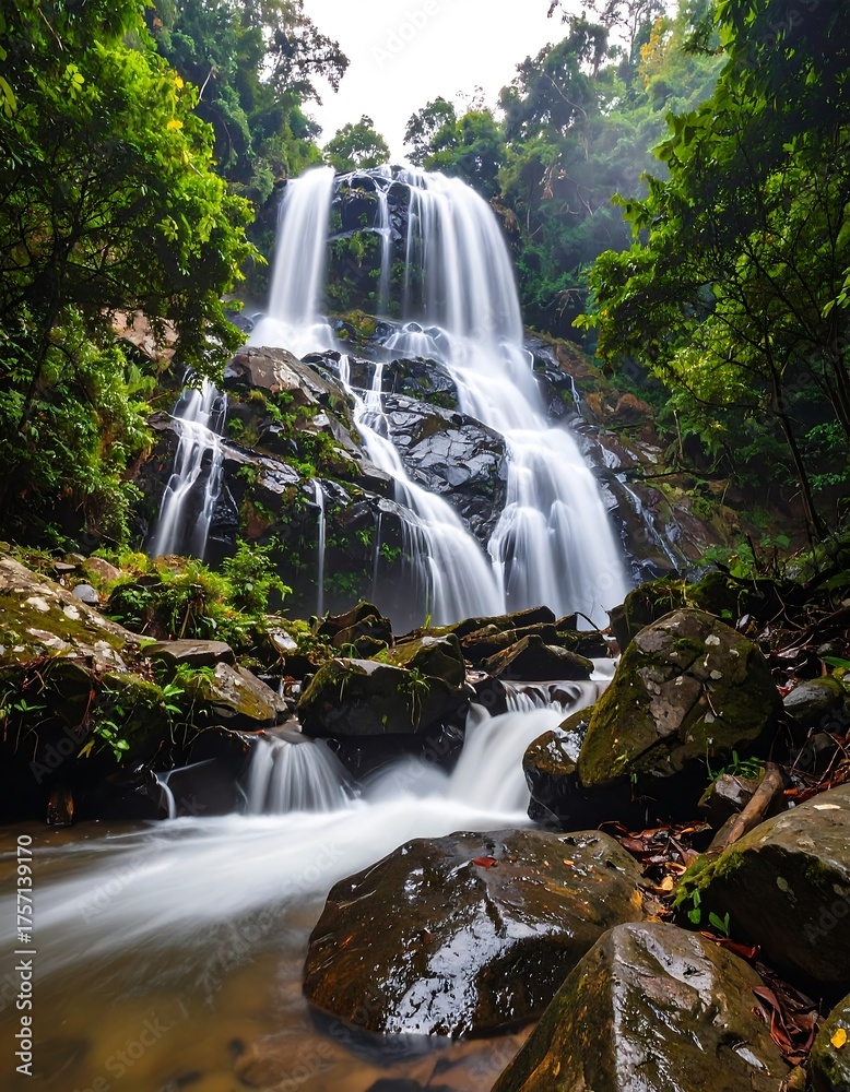 Obraz premium Lush waterfall cascading down rocky terrain