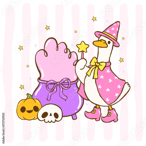 Cute Silly Goose Halloween Seamless Pattern Witch Goose Wallpaper Hand Drawn Repeat Background