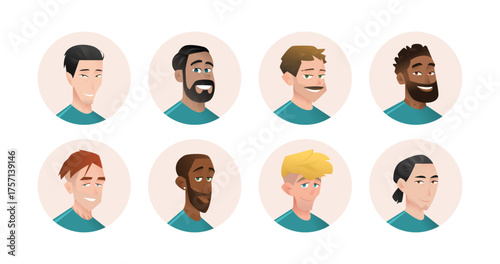 Cartoon vector avatars of 8 smiling male football players of different ethnicities in blue jerseys. Stylized, flat characters on skin-toned backgrounds