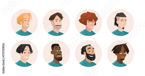 Cartoon vector avatars of 8 smiling male football players of different ethnicities in blue jerseys. Stylized, flat characters on skin-toned backgrounds