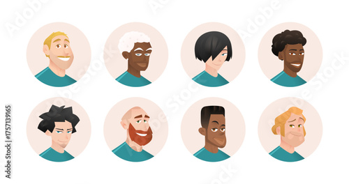 Cartoon vector avatars of 8 smiling male football players of different ethnicities in blue jerseys. Stylized, flat characters on skin-toned backgrounds