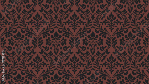 A seamless damask pattern with black floral ornaments on a dark red background repeating across the image