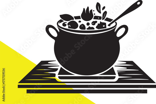 A black pot of cooking soup with vegetables simple kitchen illustration silhouette