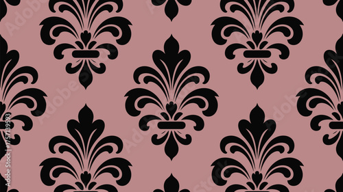 Seamless pattern with black fleur de lis on a dusty rose background in a repeating decorative design