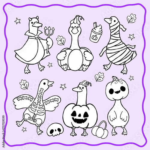 Halloween Silly Goose Coloring Image Clipart set cartoon hand drawn doodle outline black and white