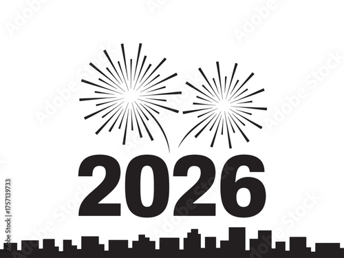 Vector art of festive 2026 new year celebration with city skyline
