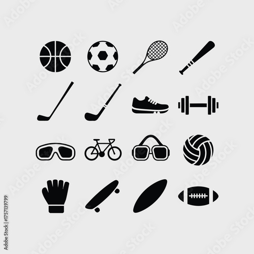 Vector graphic collection of sports equipment icons for graphic design projects scalable eps format silhouette White background