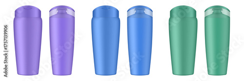 Set of purple, blue, and green shampoo and conditioner bottles. Realistic mockup. Korean packaging. Lotion or shower gel. Hair treatment, mask. Cosmetic bottle with transparent cap