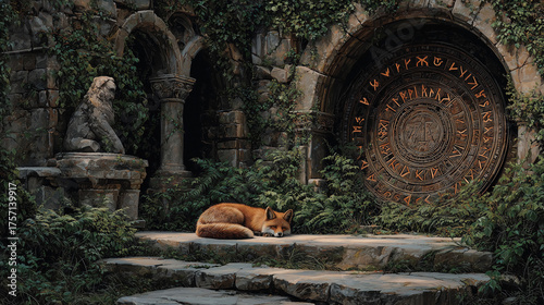Magical fox resting at an ancient stone sanctuary surrounded by nature