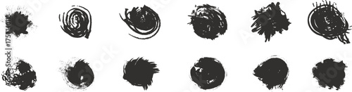 Set of black ink brush circle textures, grunge paint stains and splatter marks isolated on white background, abstract round design elements for logo, poster, art, or modern graphic decoration concept.