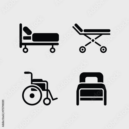 Minimalist vector icons set medical equipment scalable eps healthcare hospital furniture design elements silhouette White background