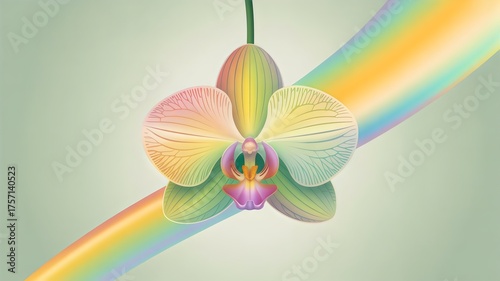 Abstract yellow, orange and pink vector illustration of a orchid flower pattern with a vibrant rainbow design that evokes the fun of summer on a light green background.