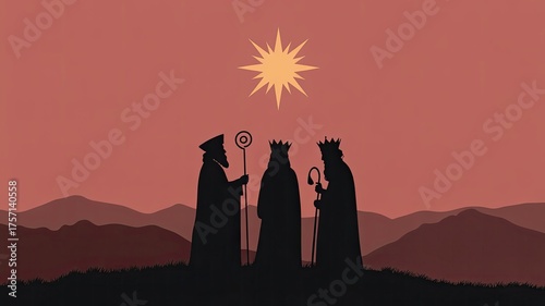 Silhouette of three kings with crowns and staffs, guided by a radiant star in a mountainous landscape at sunset, representing the biblical narrative of the magis pilgrimage.