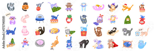 Vector set of cat and kitten for different themes, New Year, Christmas, summer, sports, Halloween, birthday, Santa, space. Perfect for stickers, clipart, holiday designs, character collections
