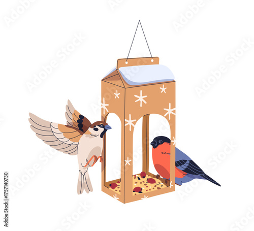 Bird feeder with sparrow and bullfinch, pecking grains, eating cereals, seeds, food. Feeding in winter birdfeeder, cardboard carton milk box. Flat vector illustration isolated on white background