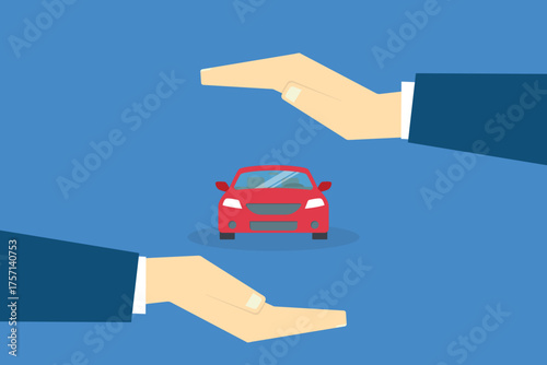 Car with a protective hands. For security concepts, protection of private property. Insurance, mortgage, credit	
