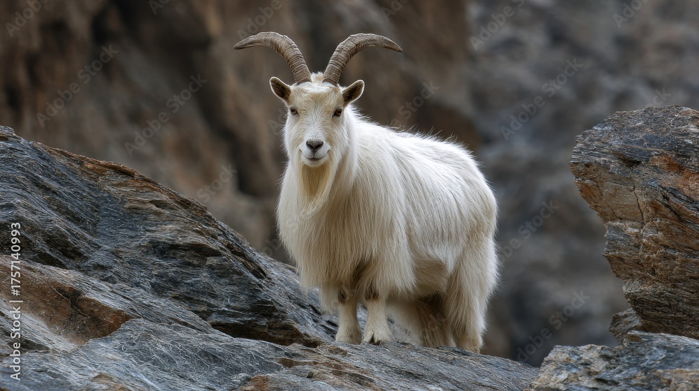 Fototapeta premium Cashmere Goat Grazing on Rocks in Ladakh, Nepal. Himalayan Animal in Natural Habitat