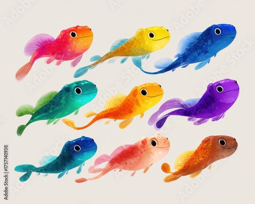 Cartoon Tadpole - 8 Colorful Polliwogs Swimming Happily in Cheerful Illustration