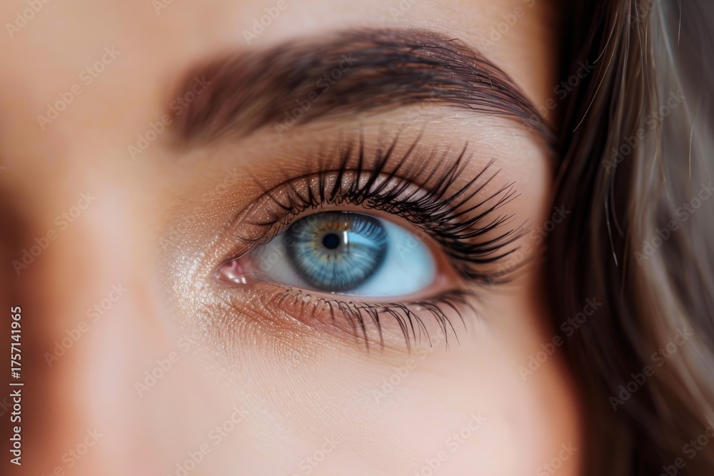 Fototapeta premium Close up of beautiful woman with long eyelashes and blue eye makeup, showcasing perfect skin and eyebrow shape