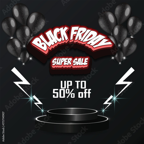 Black Friday super sale banner with balloon's and 3d font, can be used in discount announcement, online sale flyer design, sale announcement, advertising, Black Friday sale poster, vector art 