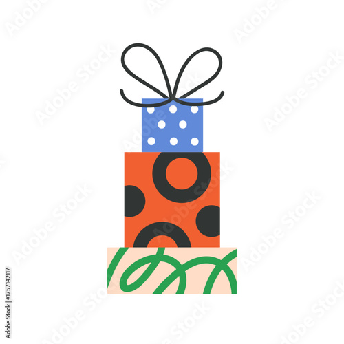 Gifts stacked with bow decoration. Abstract holiday presents in wrapped packages, wrapping papers. Festive boxes for birthday and Christmas. Flat vector illustration isolated on white background