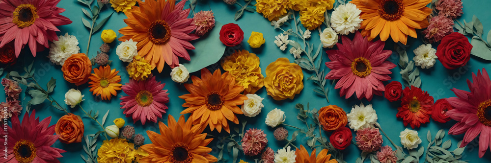 Fototapeta premium A vibrant and cheerful flat lay of various colorful flowers, including daisies and roses, scattered across a rich turquoise background, evoking summer and joy