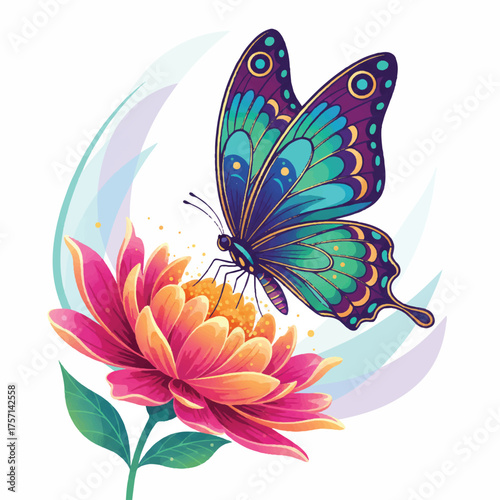 Vector of a butterfly perched on a blooming flower while spreading its wings with beautiful colors that are soothing to the eye
