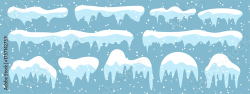 Set of snowy icicles, snow caps vector winter elements