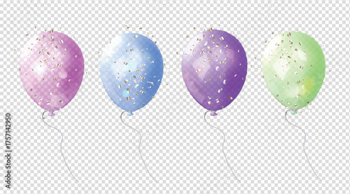Realistic pink, blue, green, violet, transparent balloons. Glossy realistic 3d balloons for Birthday party with glitter confetti and sparks festive elements Vector illustration,