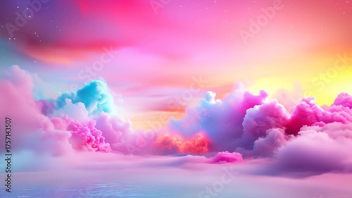 Clouds in shades of pink, purple, blue, and white drift gently across the sky, creating a dreamy and magical display.