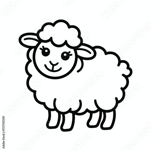 Simple black line drawing vector illustration of a fluffy sheep scalable eps icon for general use silhouette White background