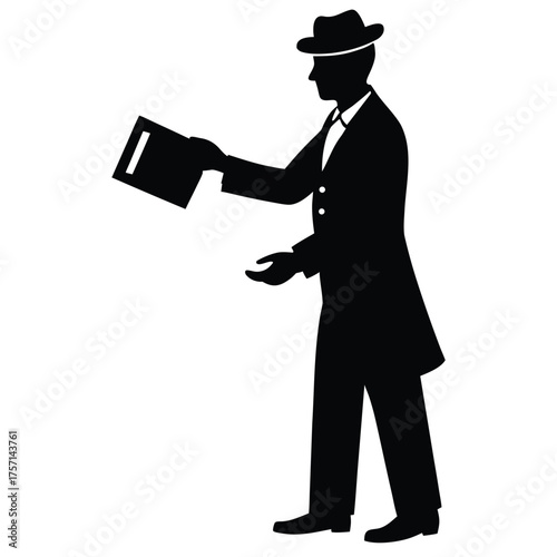 Silhouette of a Man Buying Ticket on White Background