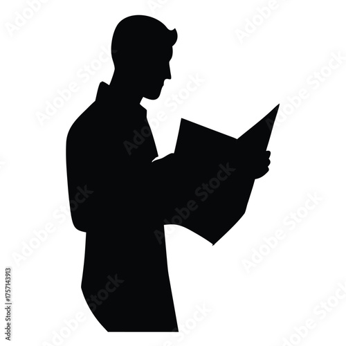 Silhouette of a Man Checking Map on White Background
