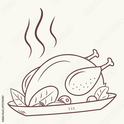 Outlined drawing of a roasted turkey on a platter with garnish and steam rising from the cooked bird