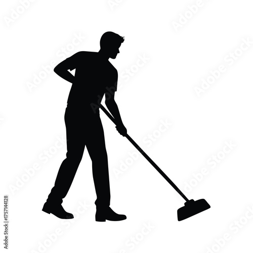 Silhouette of a Man Cleaning on White Background