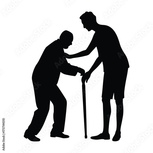 Silhouette of a Man Helping Elderly on White Background