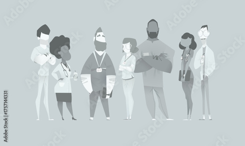 Vector illustration of seven medical professionals standing in a row — doctors, nurses, and healthcare staff in neutral tones, faceless characters for team or hospital design concepts.