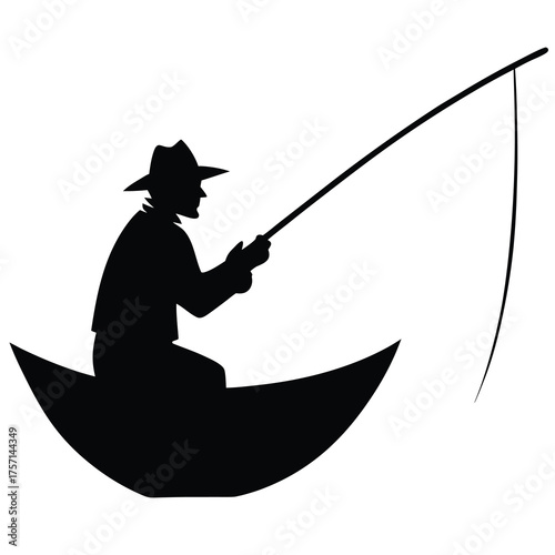 Silhouette of a Man Fishing on White Background
