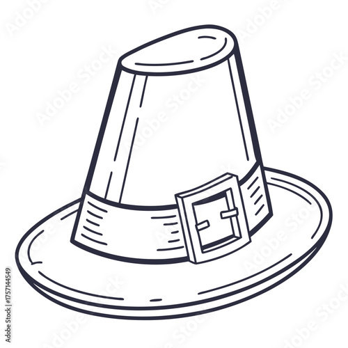 Illustration of a pilgrim hat with a large brim and a prominent buckle in black and white outline style