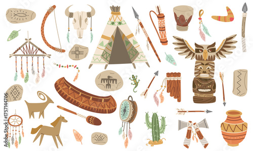 collection of Native American objects in a color flat. Dreamcatcher, feathers, weapons, musical instruments, animal skulls, esoteric elements, animals, plants, wigwam, vital objects. American Indians