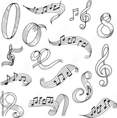 Collection of hand drawn musical notes and treble clefs in a whimsical artistic style