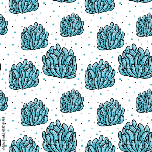 pattern of massive porous coral blue in flat style with an outline. Watery, underwater texture for textiles, wallpaper, packaging, surface design. Bright texture. Inspired by nature, bright, modern.