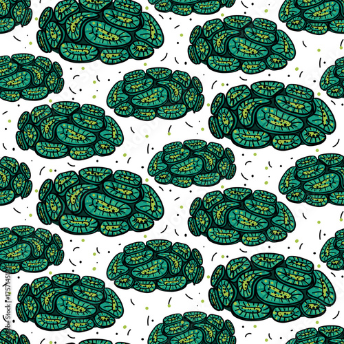 pattern of green star coral green in flat style with an outline. Watery, underwater texture for textiles, wallpaper, packaging, or surface design. Bright texture. Inspired by nature, bright, modern