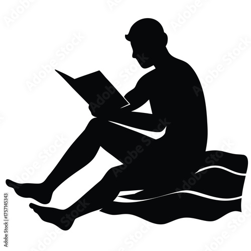 Silhouette of a Man Reading on Beach on White Background