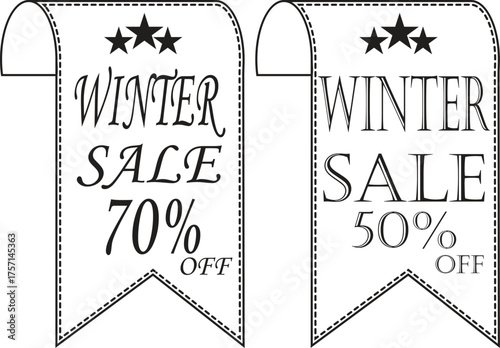 Winter Sale Banner line art Icon. Winter sale vector poster design with sale text. Vector illustration. Hanging tag for design of flyers with discount offers and special seasonal retail promotion.