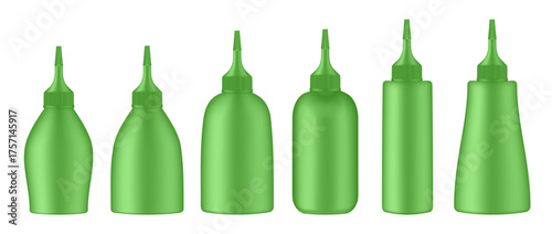 Set of squeeze bottles. Green bottle with tip cap. Dispensing cap. Colorful hair dye.	