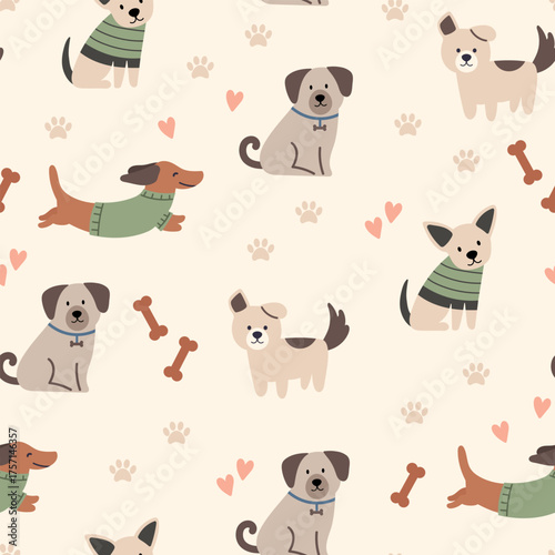 Cute dogs vector seamless pattern. Clipart of funny pet animals. Dogs on a beige background. Printable flat illustration.
